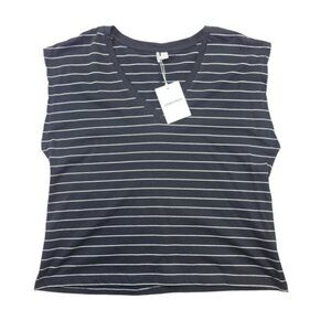 Nordstrom V-Neck Pima Cotton Stripe Tee M Black White Cap Sleeve Peru NWT